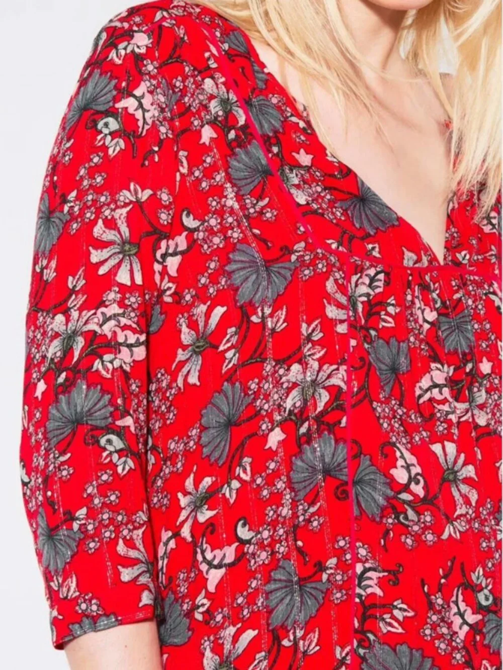 ba&sh Eve Red Floral Metallic Boho Flowy Dress Size 2, US 8 Medium Flowy $235 - Picture 3 of 16